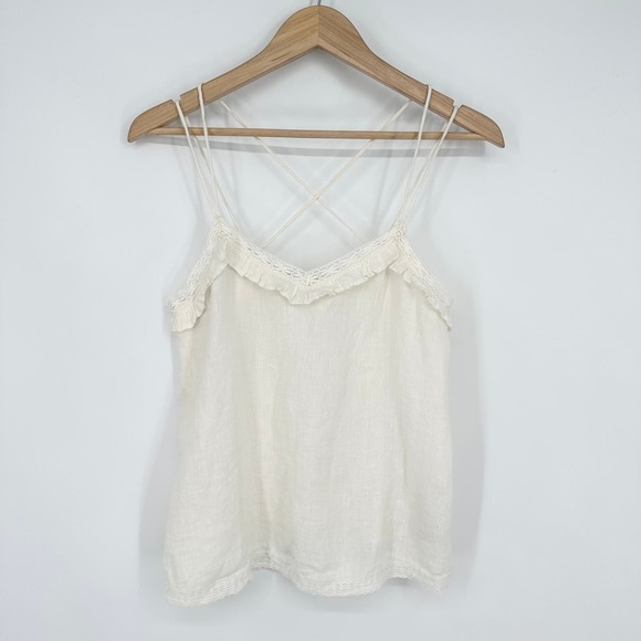 ZARA 100% Linen Cami Ruffle Lace Sleeveless Strappy V neck Tank Top, White - Picture 5 of 13